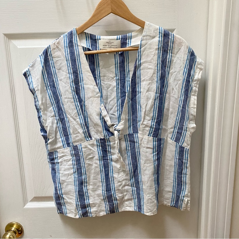 Trovata Birds of Paradis Jodie Striped Sleeveless Tie Shirt Blue White
